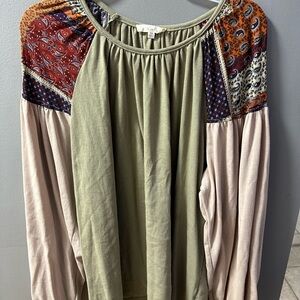 Easel Olive and Multicolor Patchwork Blouse